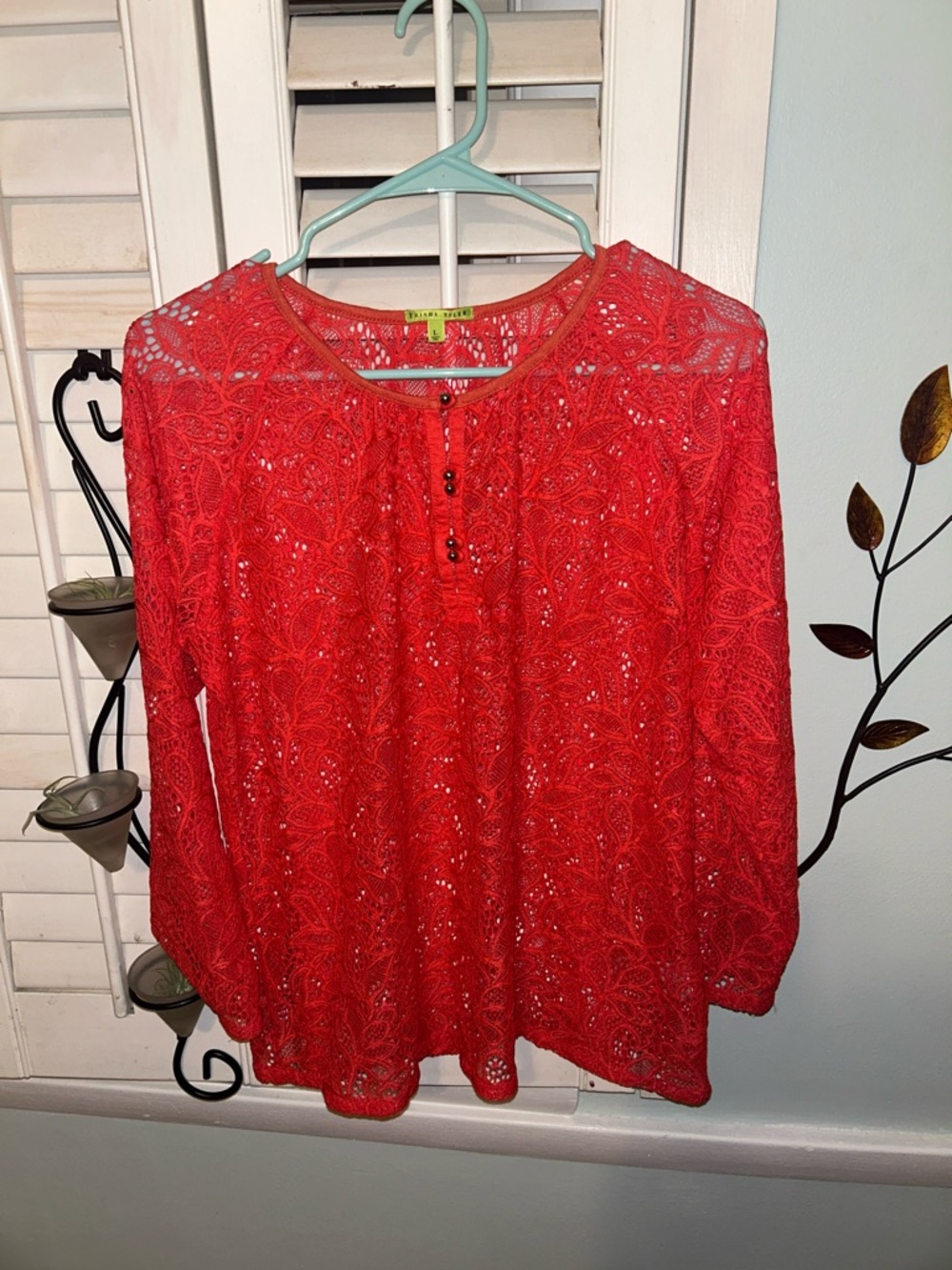 Women's Red Lace Button-Front Tunic Top - Lightweight Elegant Layer